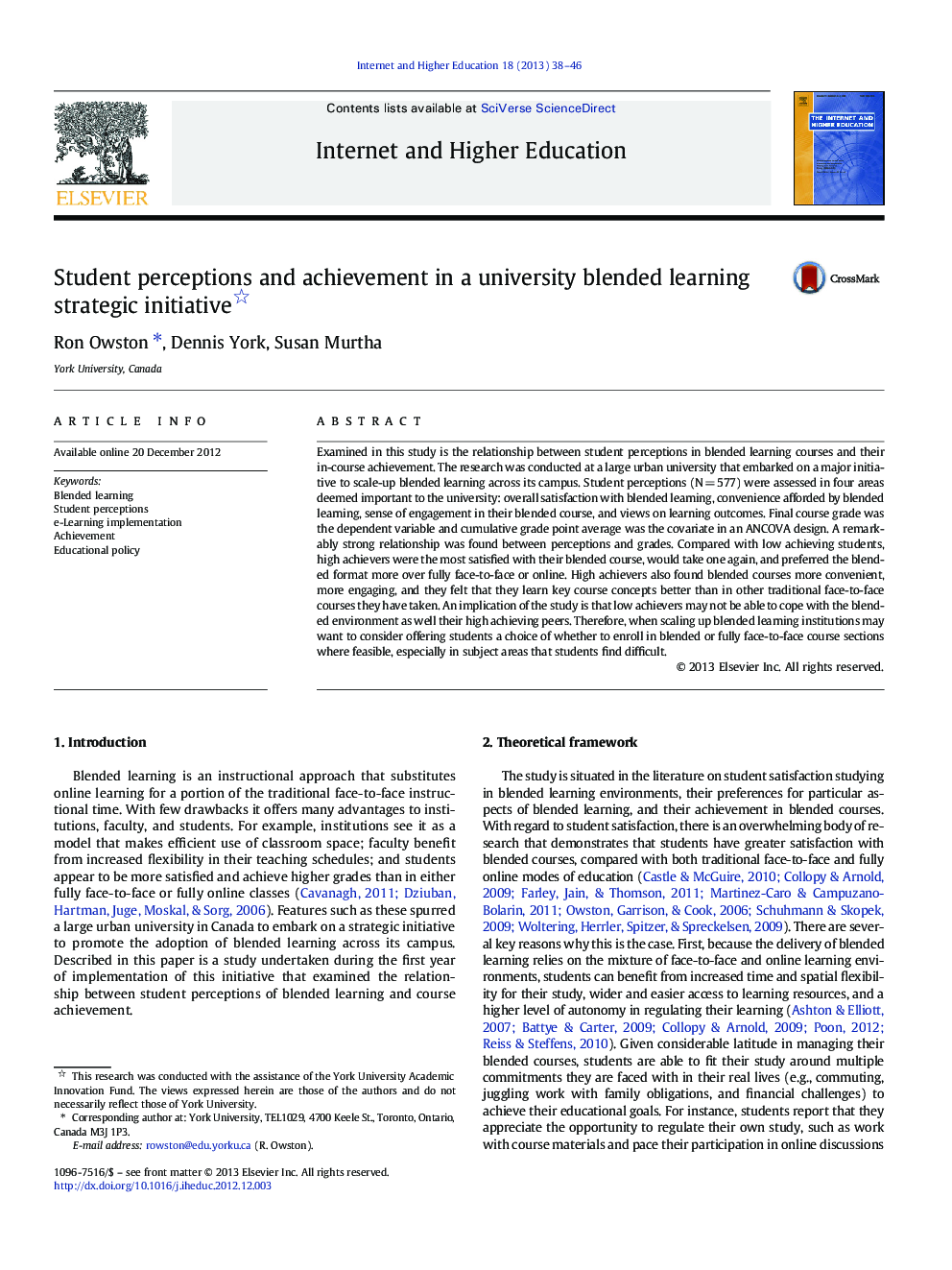 Student perceptions and achievement in a university blended learning strategic initiative 