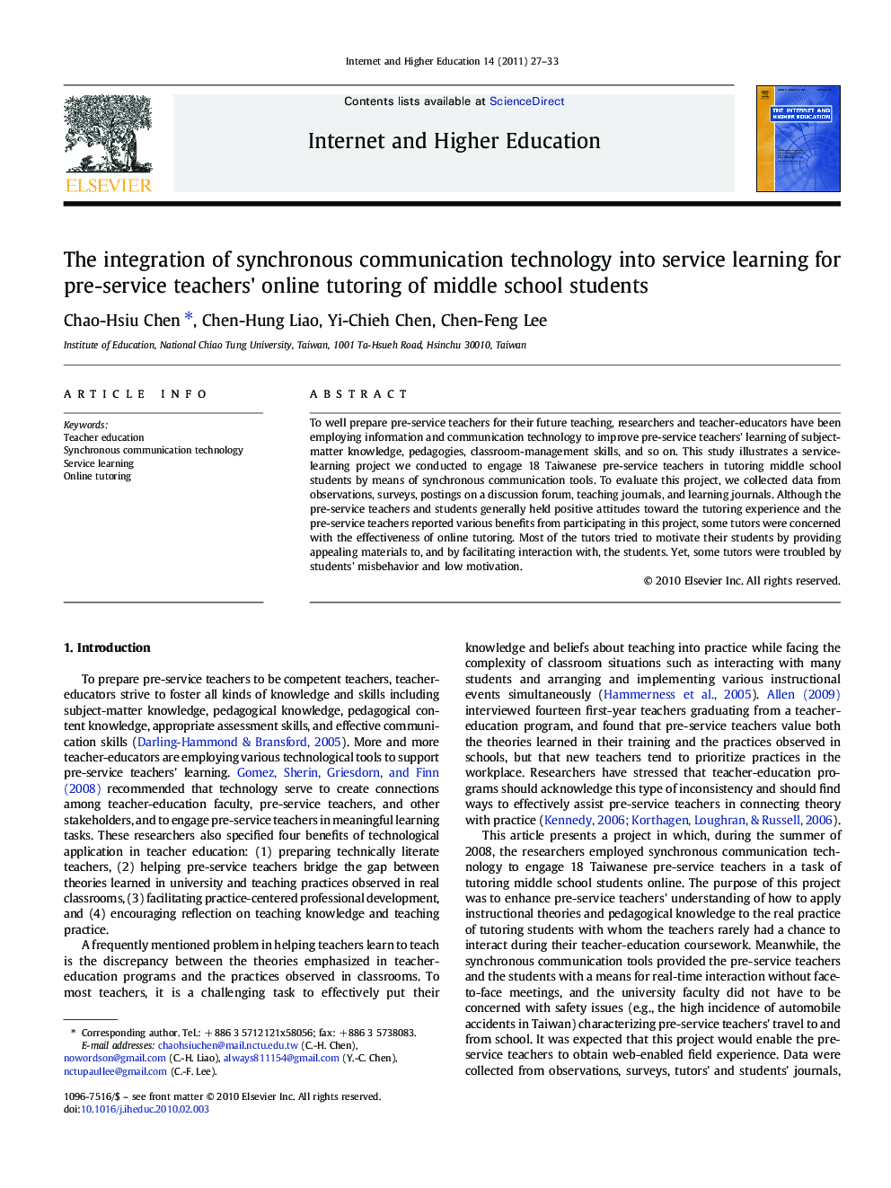 The integration of synchronous communication technology into service learning for pre-service teachers' online tutoring of middle school students