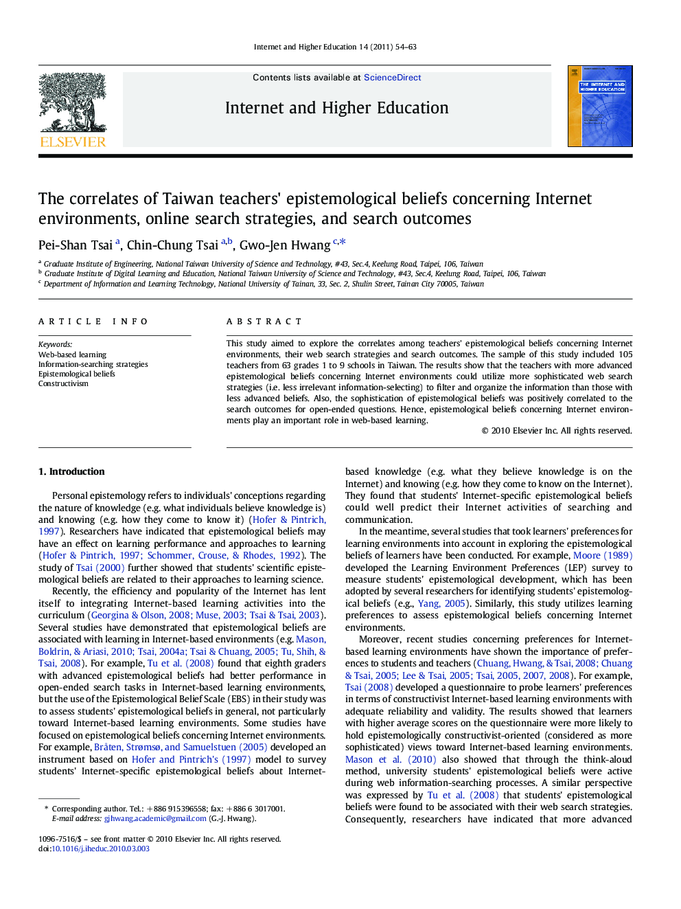 The correlates of Taiwan teachers' epistemological beliefs concerning Internet environments, online search strategies, and search outcomes