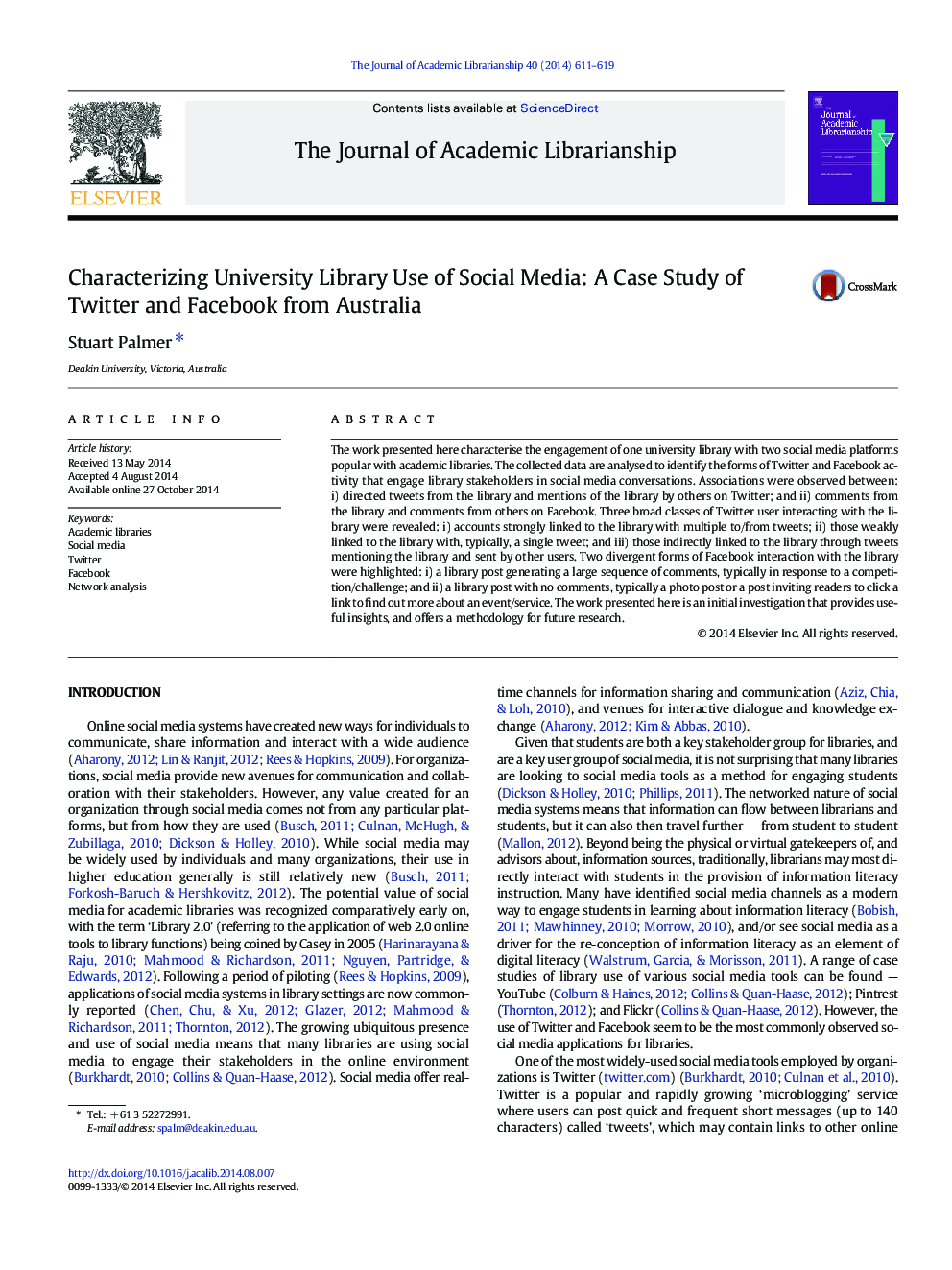 توصیف کتابخانه دانشگاه از استفاده از رسانه های اجتماعی: مطالعه موردی توییتر و فیس بوک از استرالیا