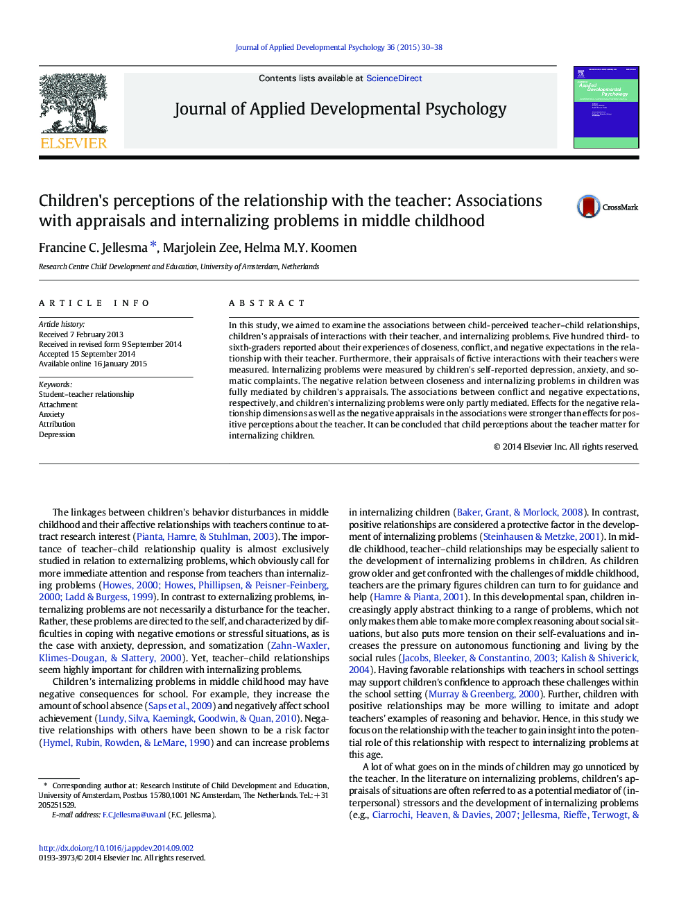 برداشت کودکان از رابطه با معلم: ارتباط با ارزیابی و مشکلات درونی در دوران میانی کودکی 