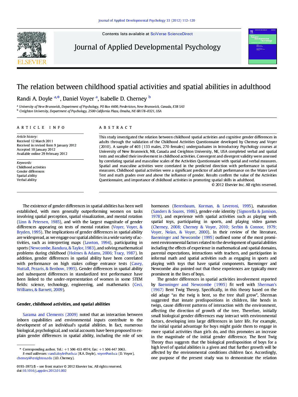 The relation between childhood spatial activities and spatial abilities in adulthood