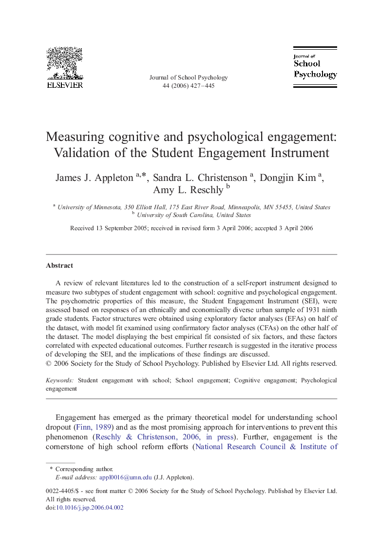 Measuring cognitive and psychological engagement: Validation of the Student Engagement Instrument