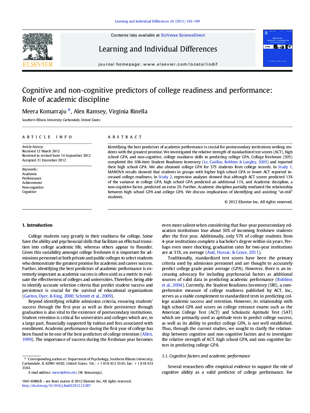 Cognitive and non-cognitive predictors of college readiness and performance: Role of academic discipline