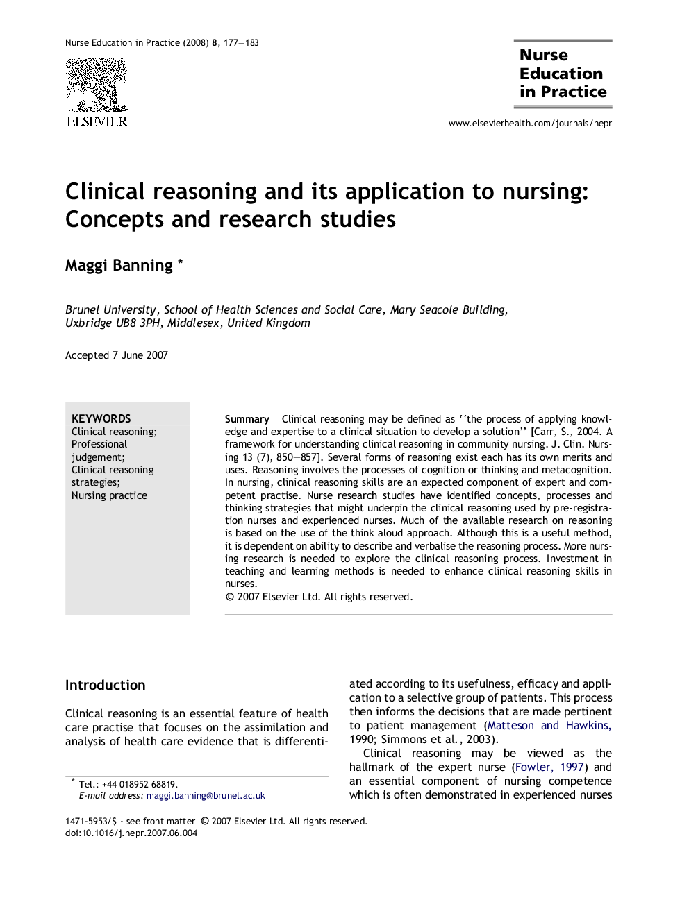 Clinical reasoning and its application to nursing: Concepts and research studies