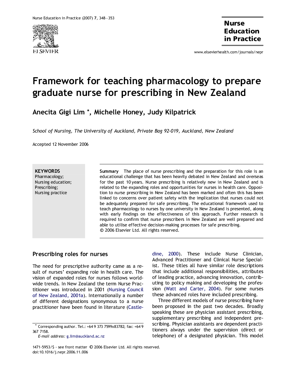 Framework for teaching pharmacology to prepare graduate nurse for prescribing in New Zealand