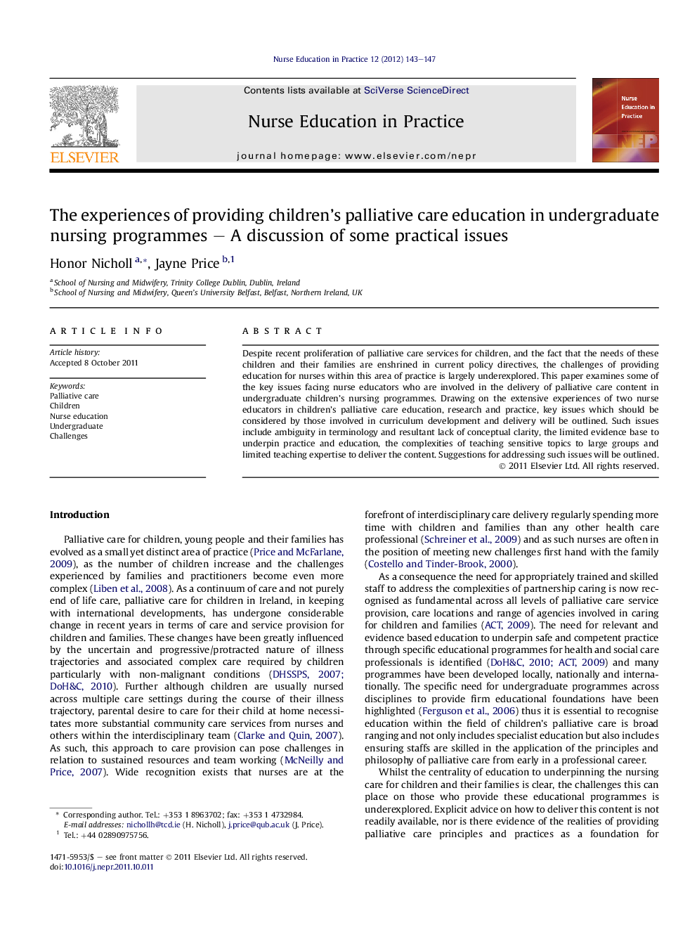 The experiences of providing children’s palliative care education in undergraduate nursing programmes – A discussion of some practical issues