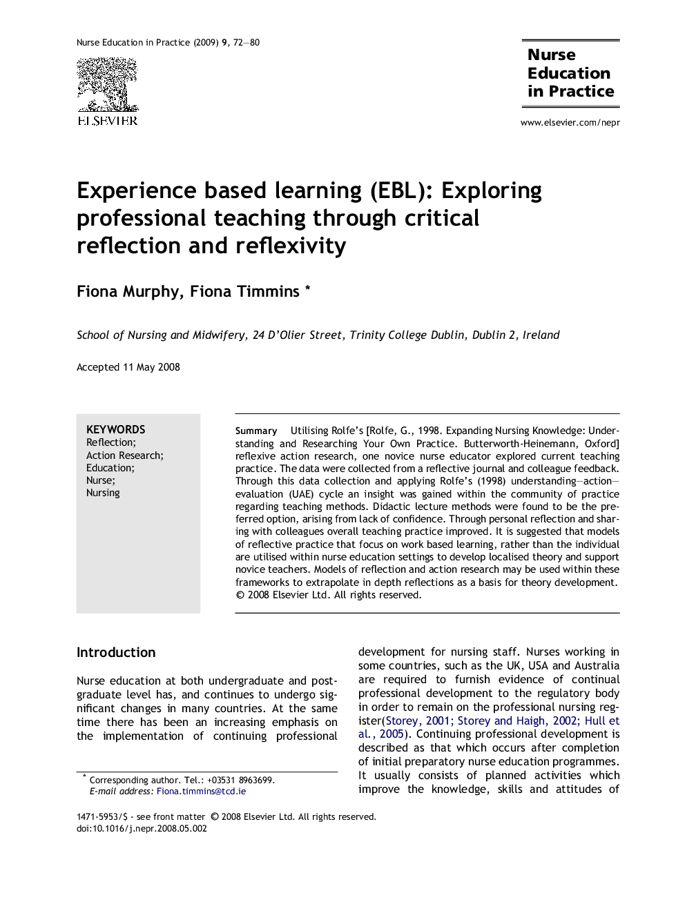 Experience based learning (EBL): Exploring professional teaching through critical reflection and reflexivity