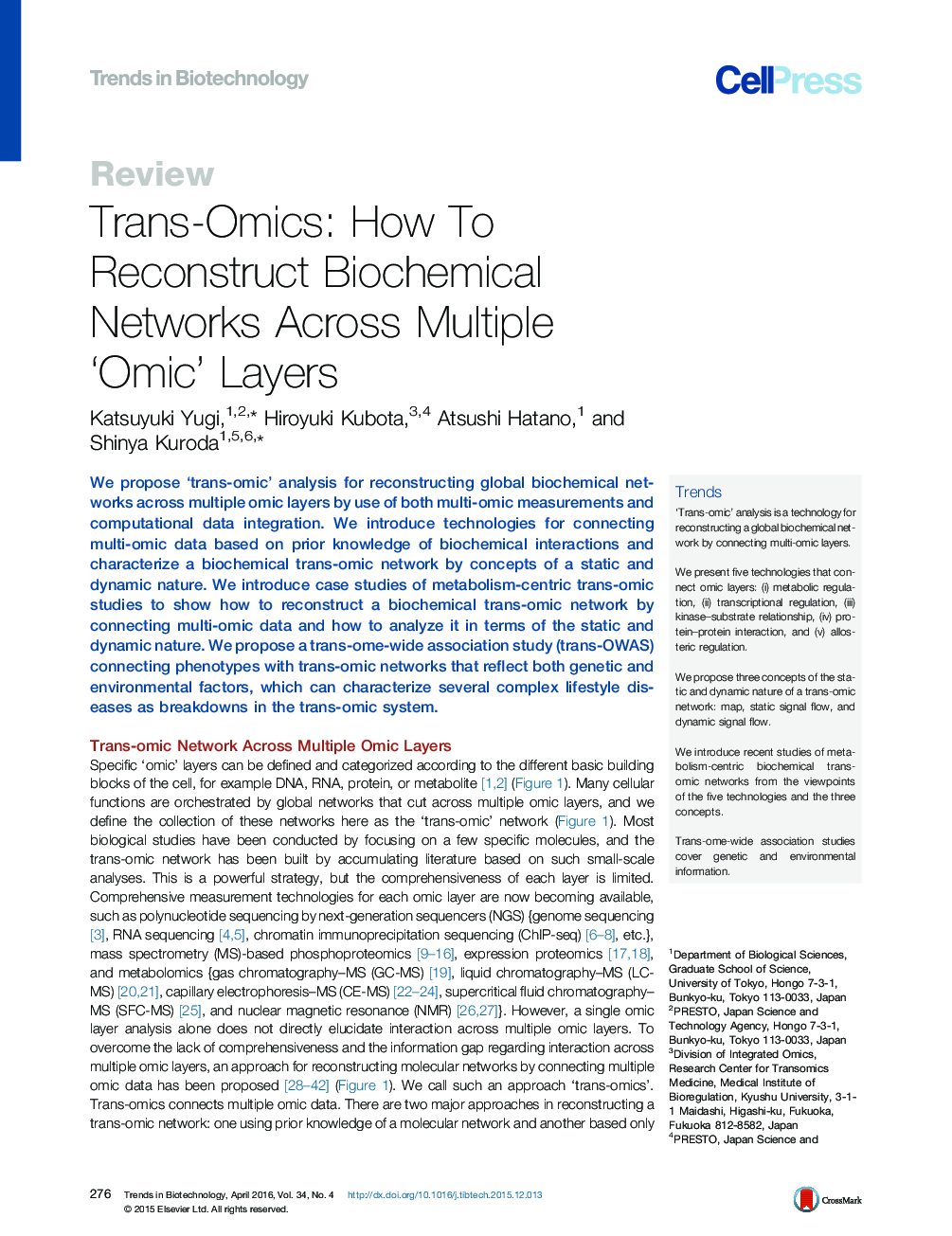Trans-Omics: How To Reconstruct Biochemical Networks Across Multiple ‘Omic’ Layers