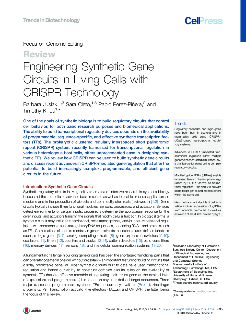 Engineering Synthetic Gene Circuits in Living Cells with CRISPR Technology