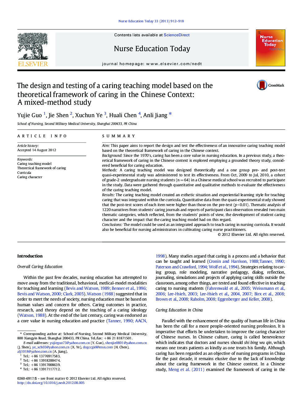 The design and testing of a caring teaching model based on the theoretical framework of caring in the Chinese Context: A mixed-method study