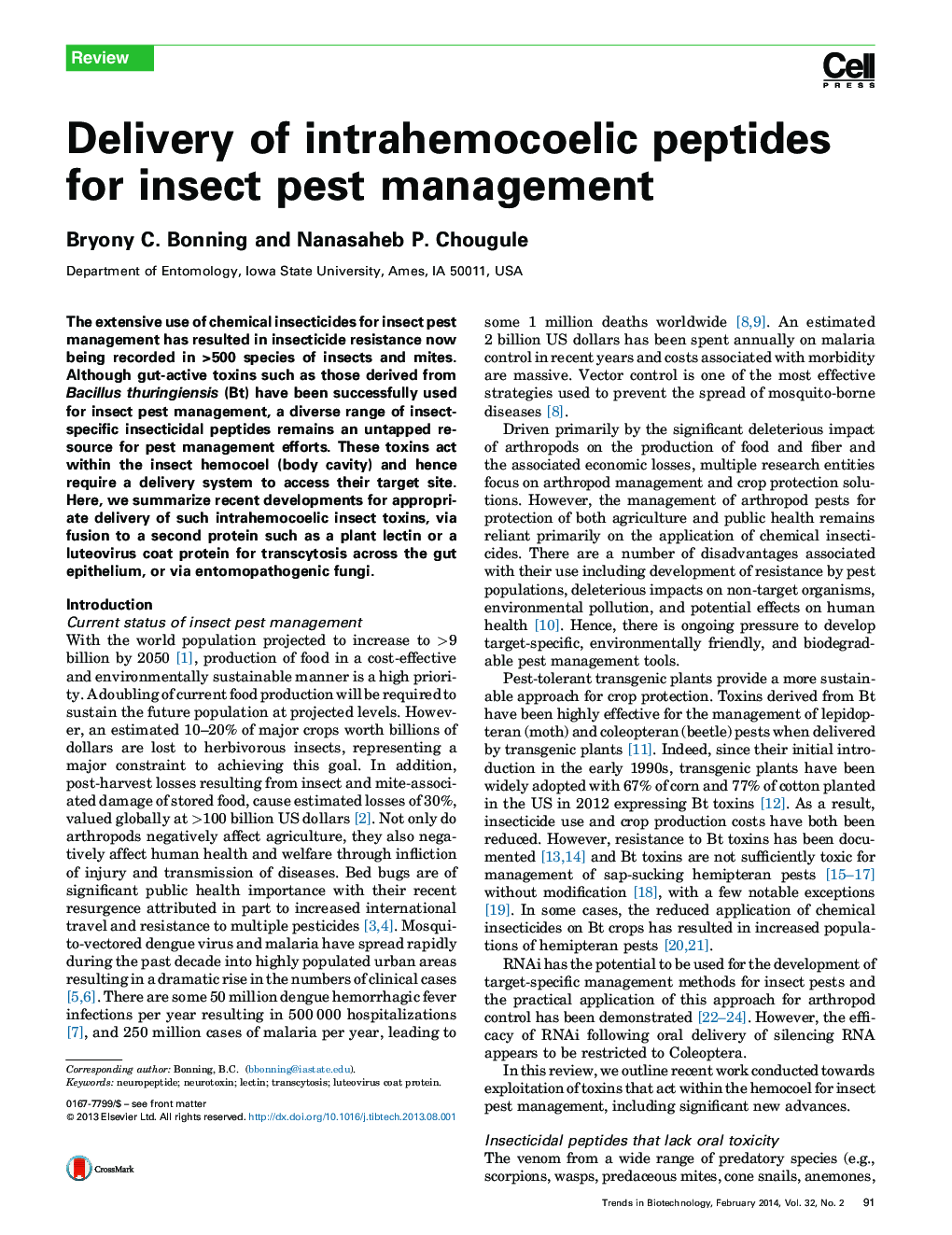 تحویل پپتیدهای داخل مغزی برای مدیریت آفات حشرات 