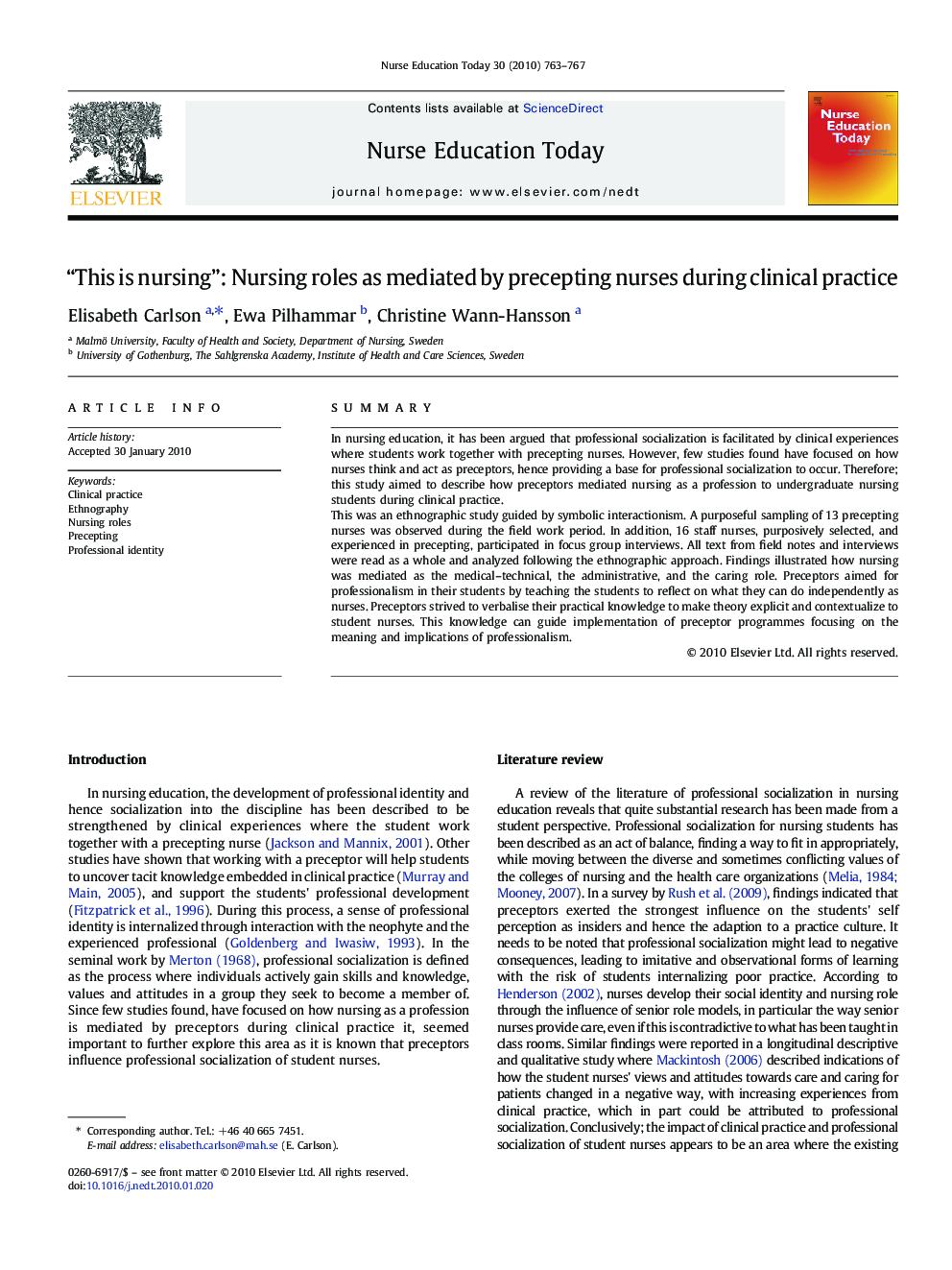 “This is nursing”: Nursing roles as mediated by precepting nurses during clinical practice