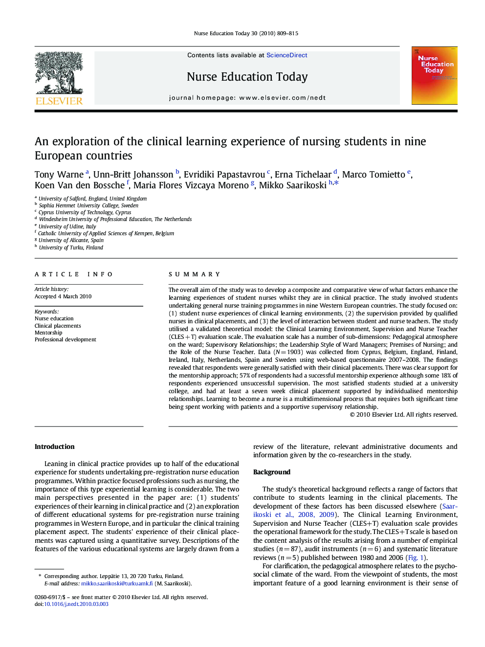 An exploration of the clinical learning experience of nursing students in nine European countries