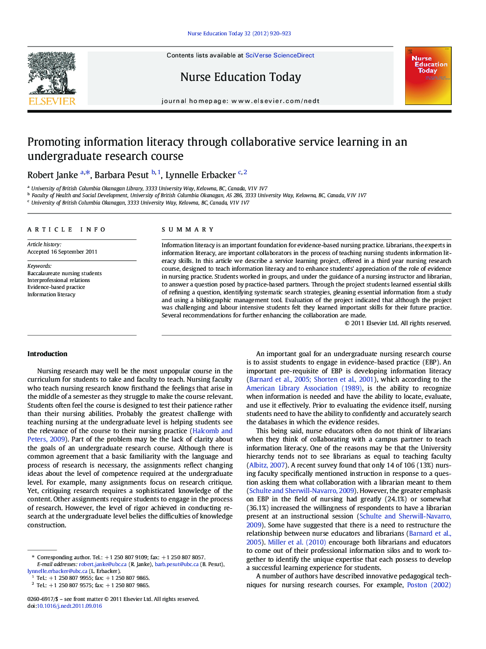 Promoting information literacy through collaborative service learning in an undergraduate research course