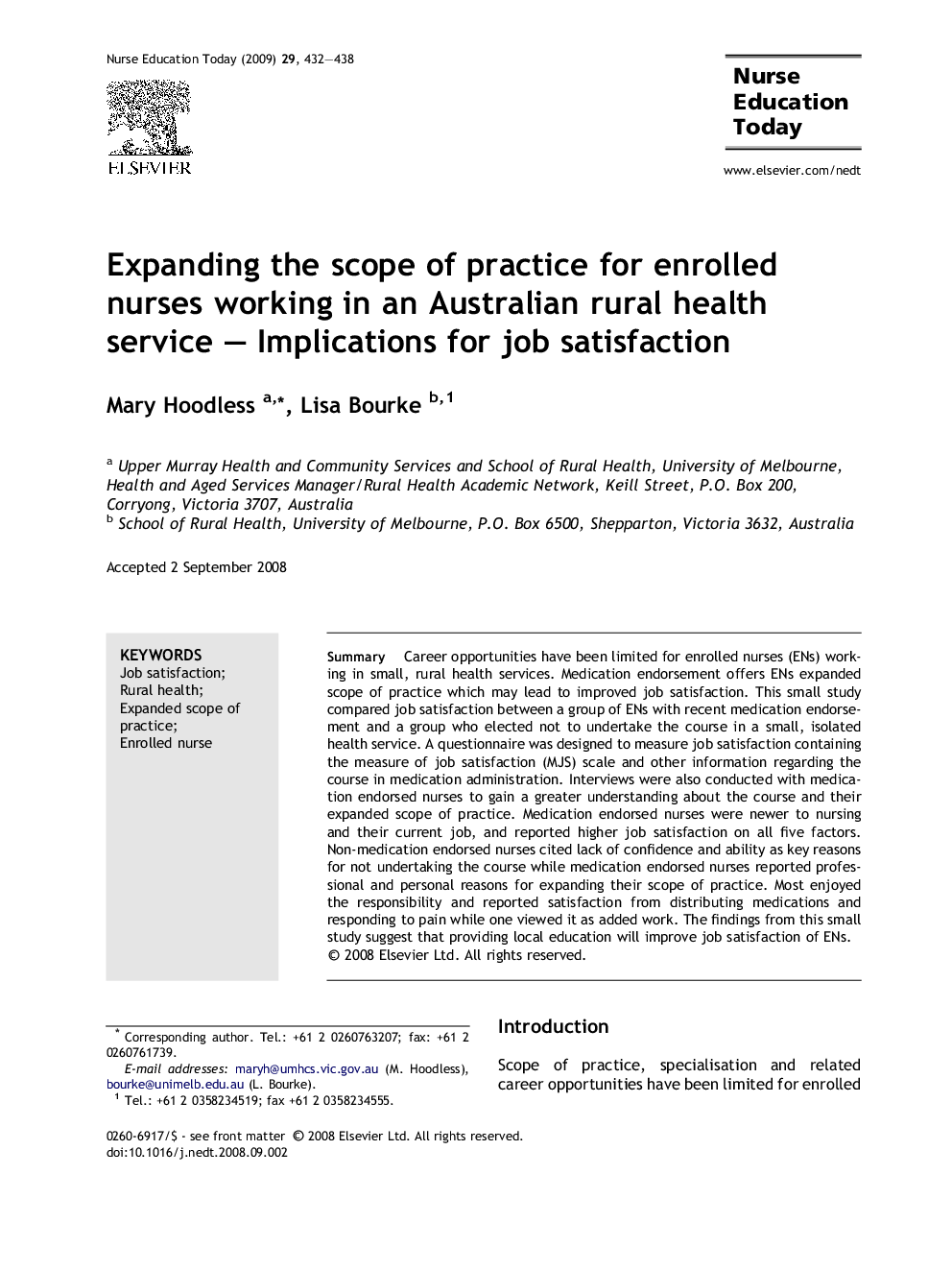 Expanding the scope of practice for enrolled nurses working in an Australian rural health service – Implications for job satisfaction