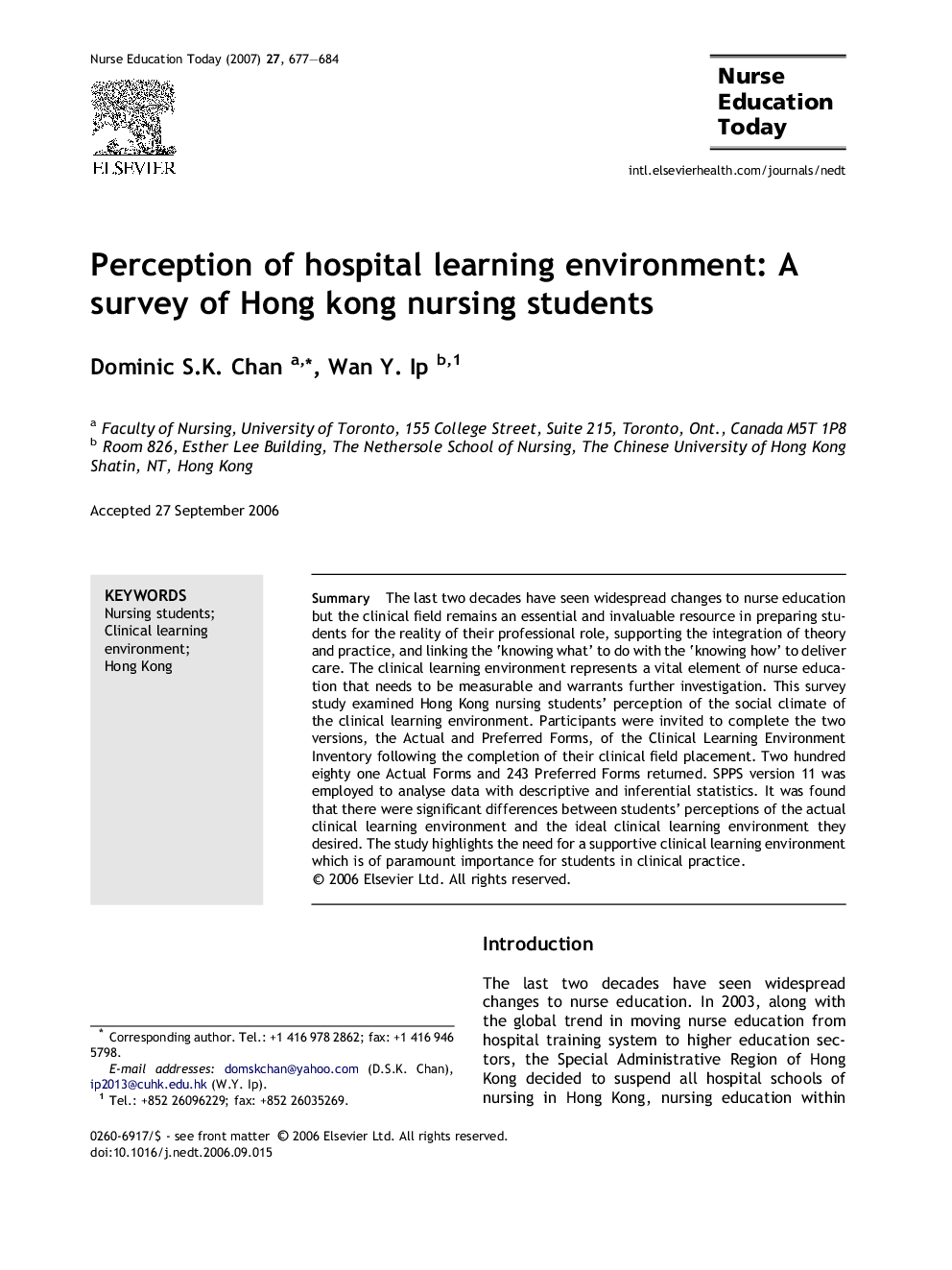 Perception of hospital learning environment: A survey of Hong kong nursing students