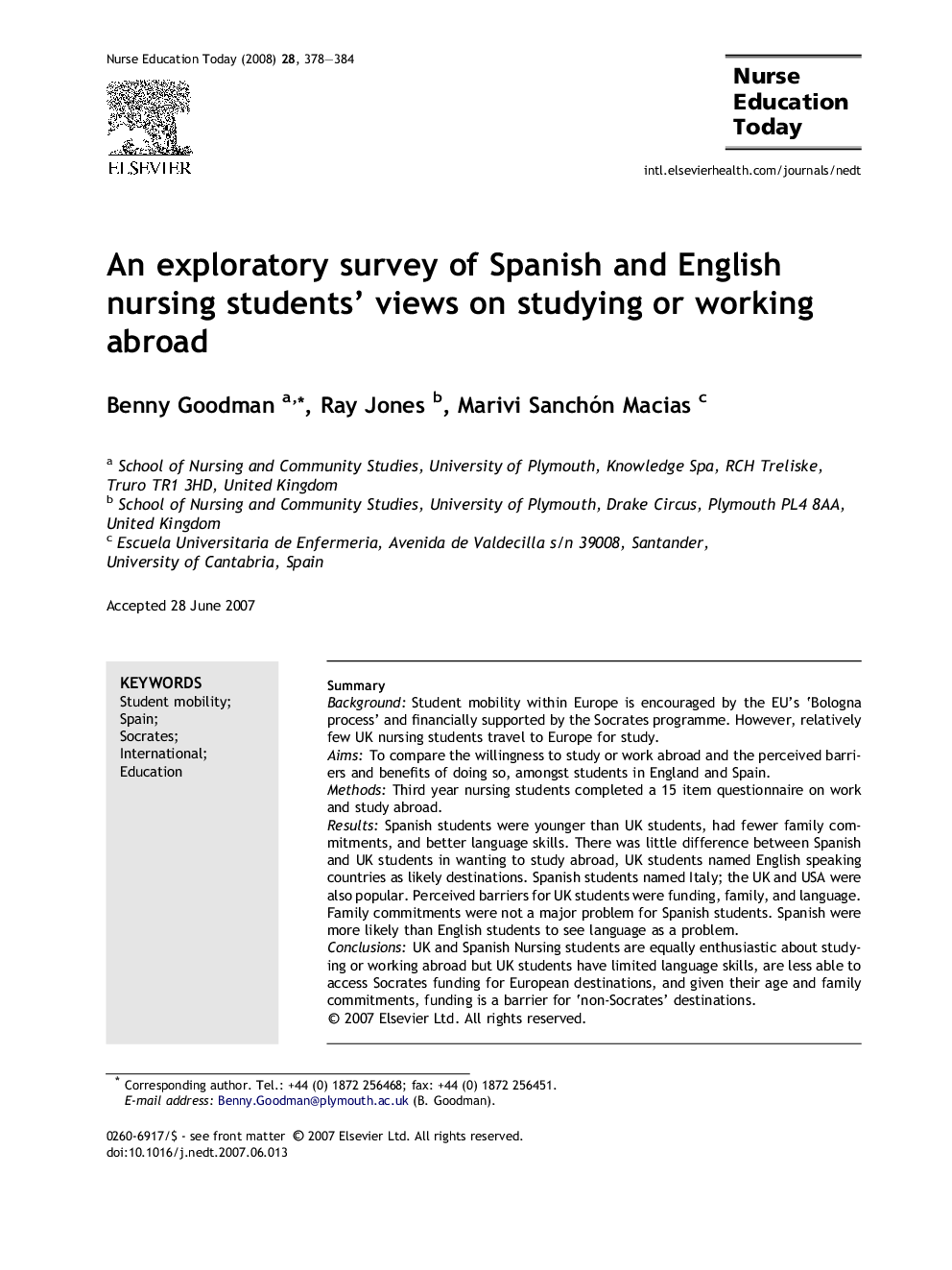 An exploratory survey of Spanish and English nursing students’ views on studying or working abroad
