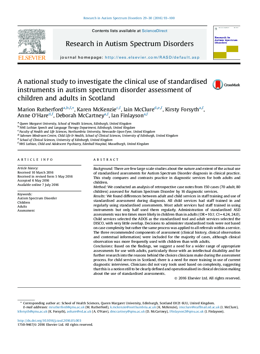 یک مطالعه ملی با هدف بررسی استفاده بالینی ابزارهای معتبر در ارزیابی اختلال طیف اوتیسم کودکان و بزرگسالان در اسکاتلند
