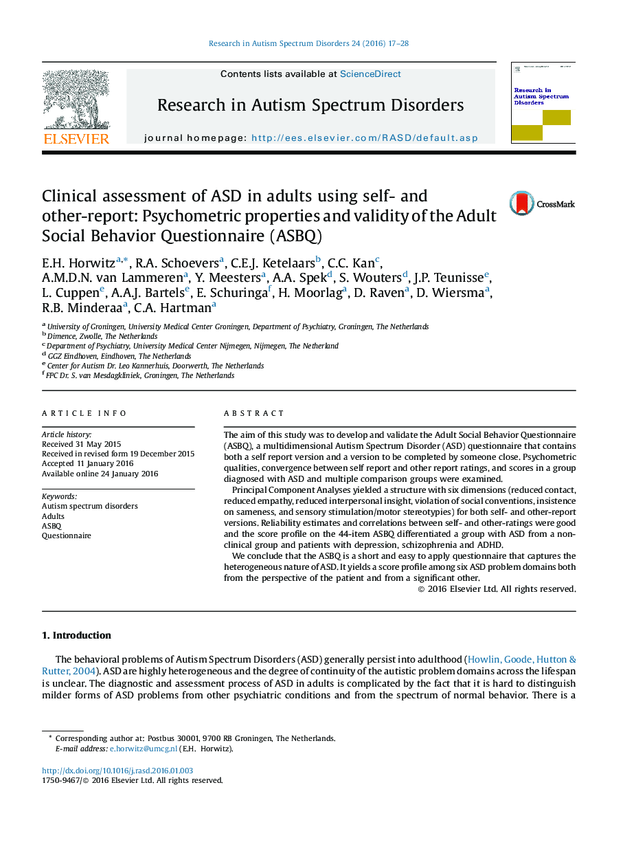 بررسی بالینی ASD در بزرگسالان با استفاده از خود و دیگر گزارش: ویژگی های روانسنجی و اعتبار رفتار بزرگسالان اجتماعی پرسشنامه (ASBQ)