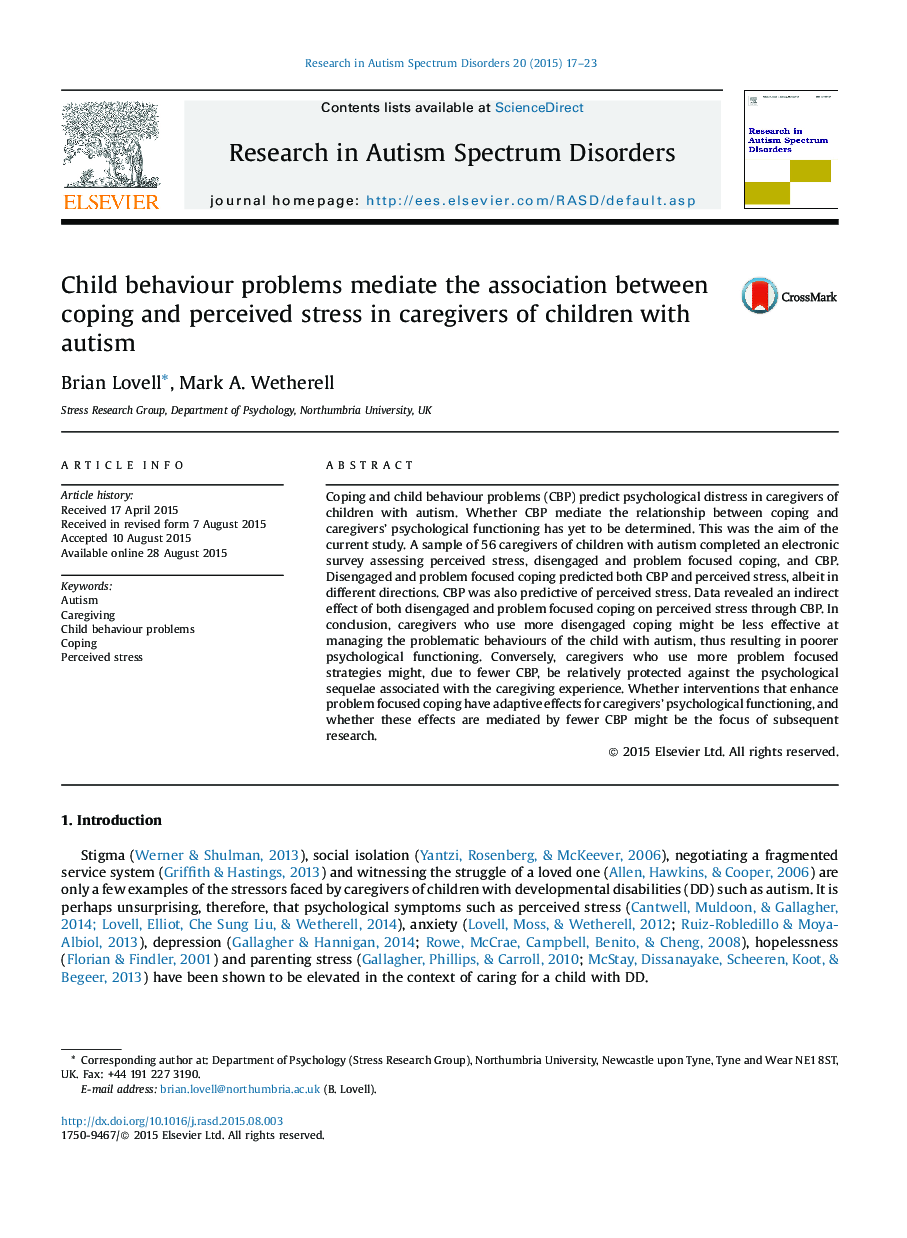 مشکلات رفتاری کودکان در ارتباط بین مقابله و استرس درک شده در مراقبان کودکان مبتلا به اوتیسم