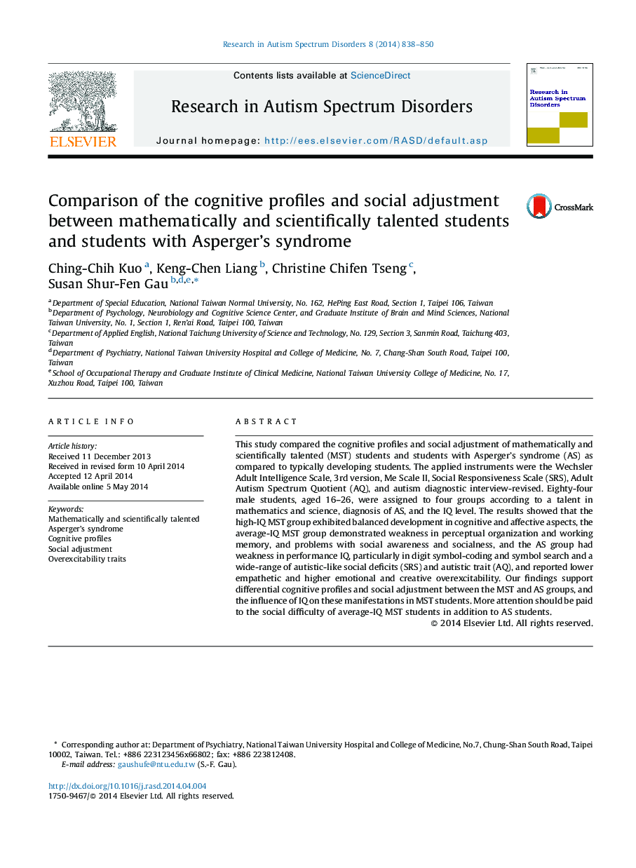 Comparison of the cognitive profiles and social adjustment between mathematically and scientifically talented students and students with Asperger's syndrome