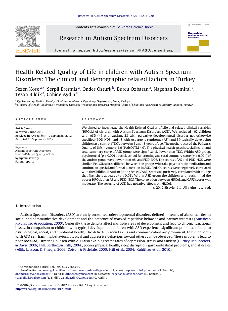 Health Related Quality of Life in children with Autism Spectrum Disorders: The clinical and demographic related factors in Turkey