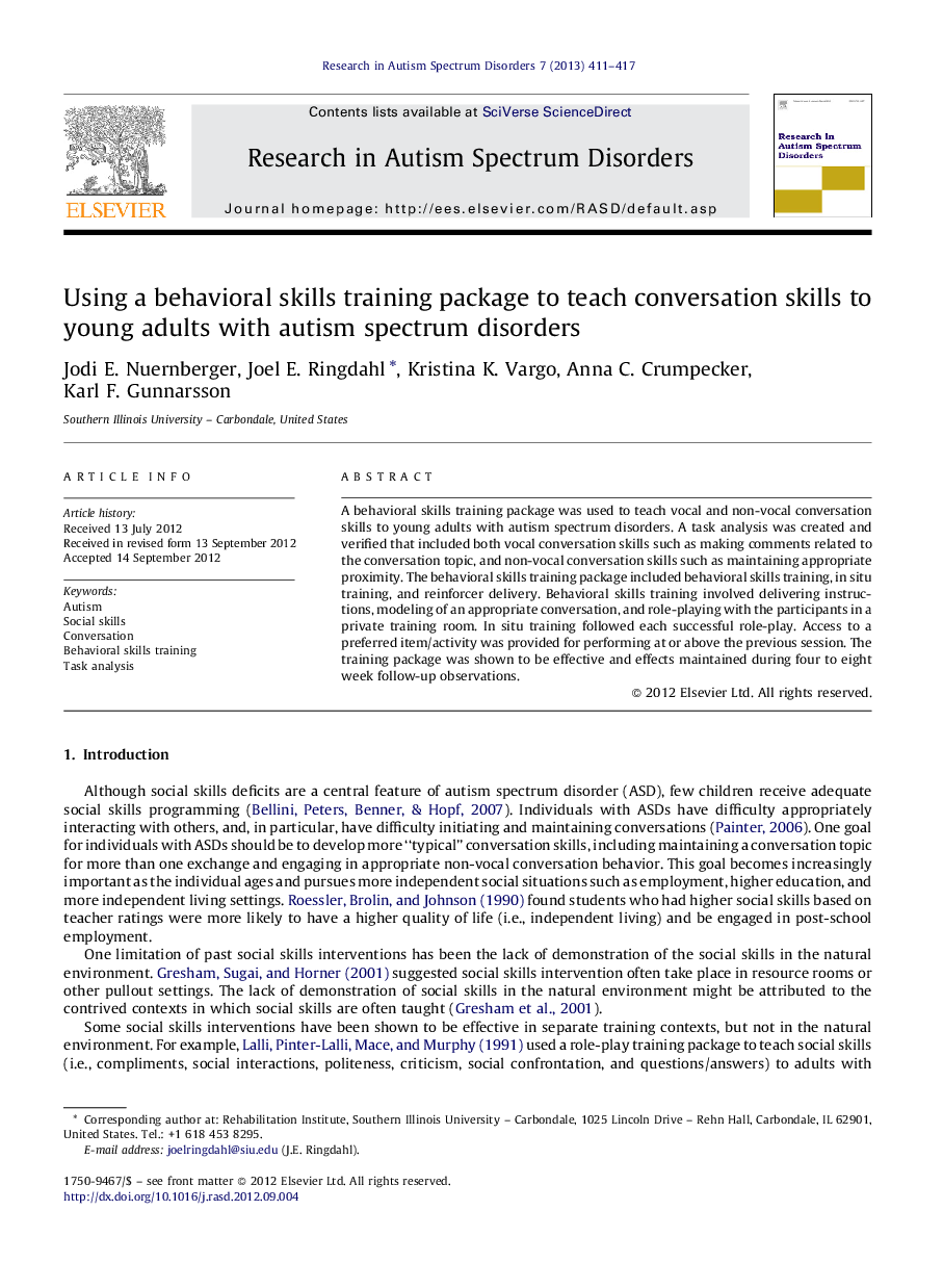 Using a behavioral skills training package to teach conversation skills to young adults with autism spectrum disorders