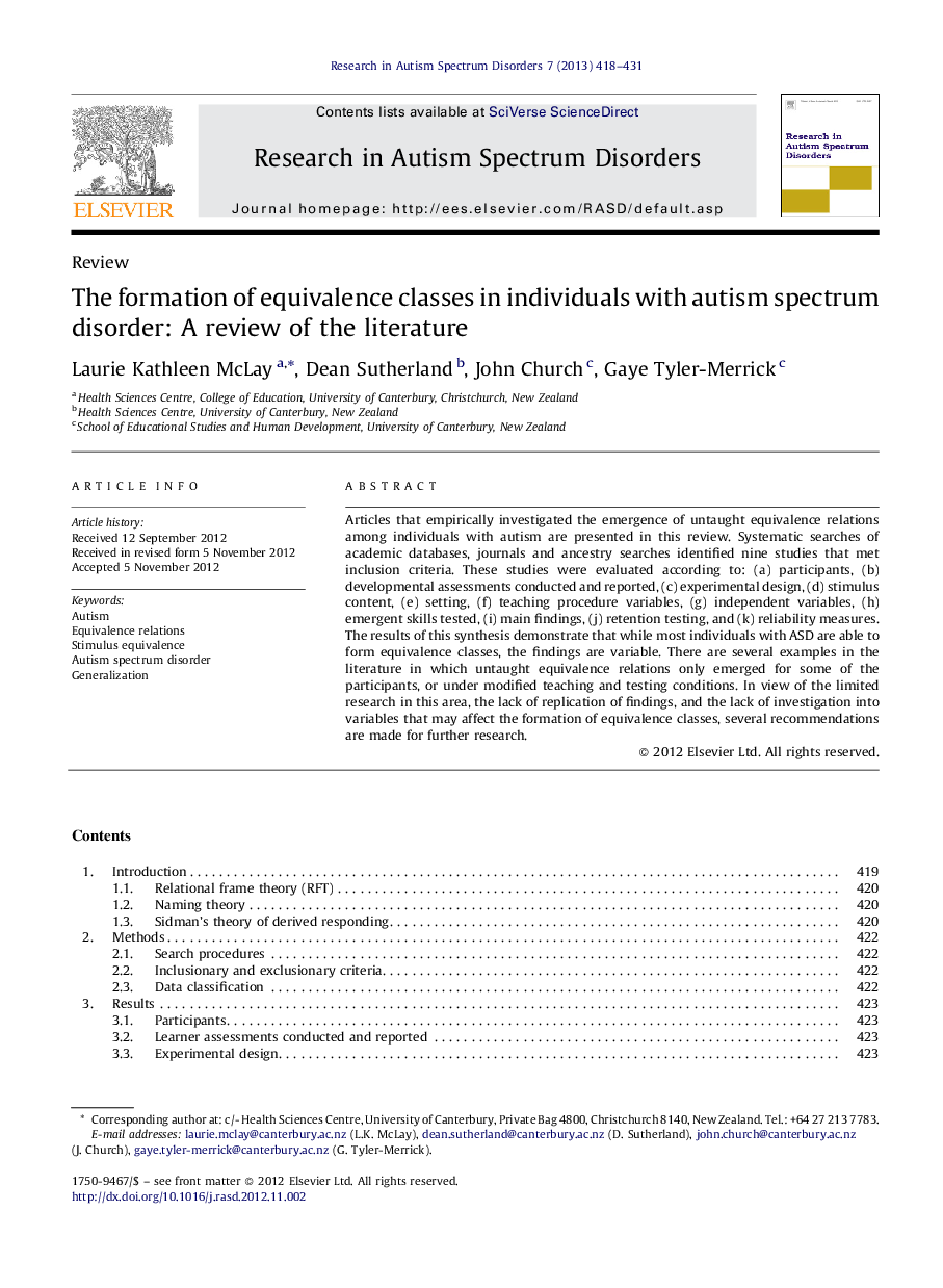 The formation of equivalence classes in individuals with autism spectrum disorder: A review of the literature