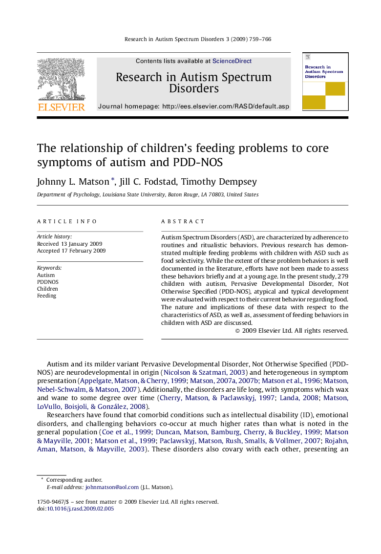 The relationship of children's feeding problems to core symptoms of autism and PDD-NOS