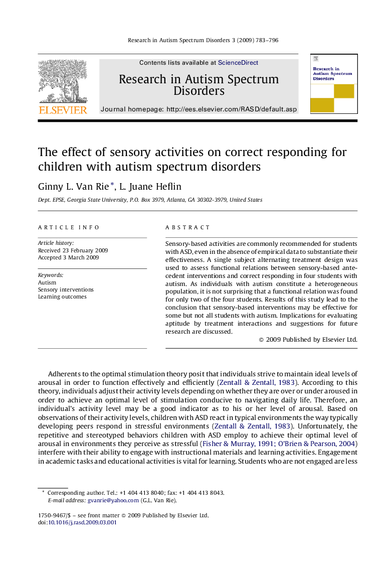 The effect of sensory activities on correct responding for children with autism spectrum disorders