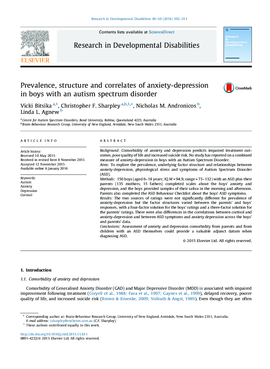 شیوع، ساختار و ارتباط اضطراب-افسردگی در پسران مبتلا به اختلال طیف اوتیسم