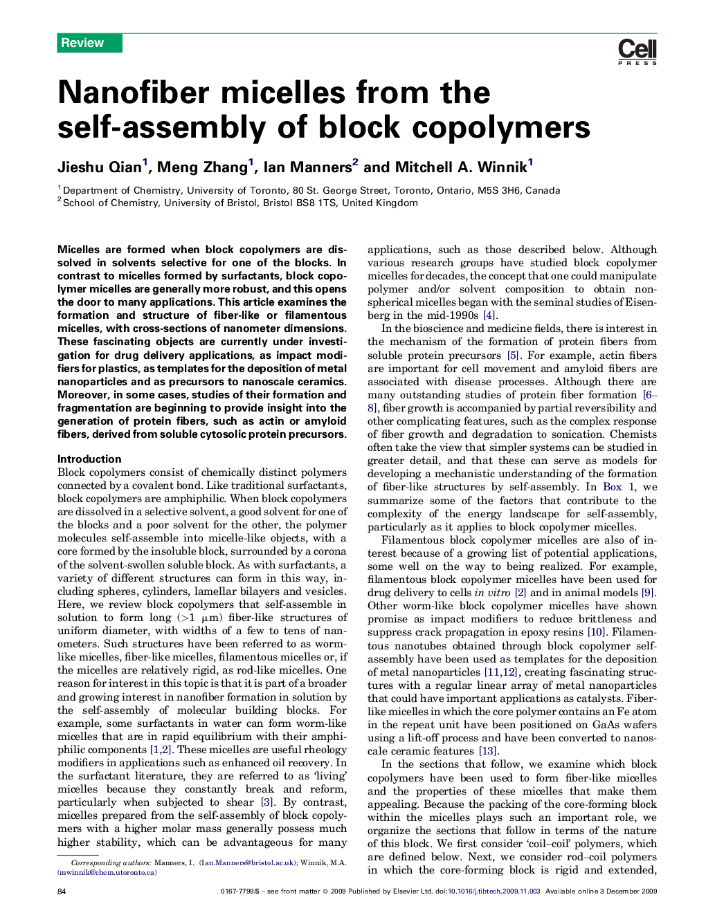 Nanofiber micelles from the self-assembly of block copolymers