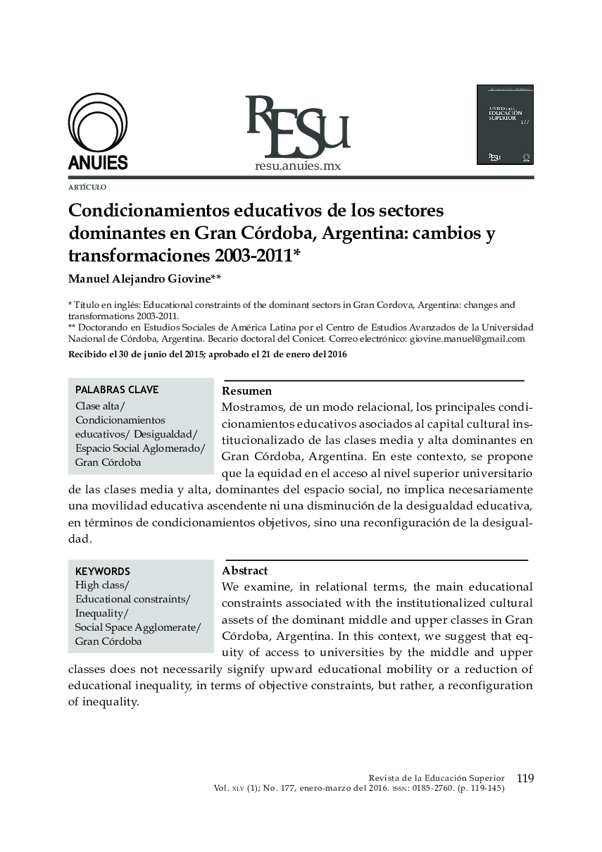 Condicionamientos educativos de los sectores dominantes en Gran Córdoba, Argentina: cambios y transformaciones 2003-2011 
