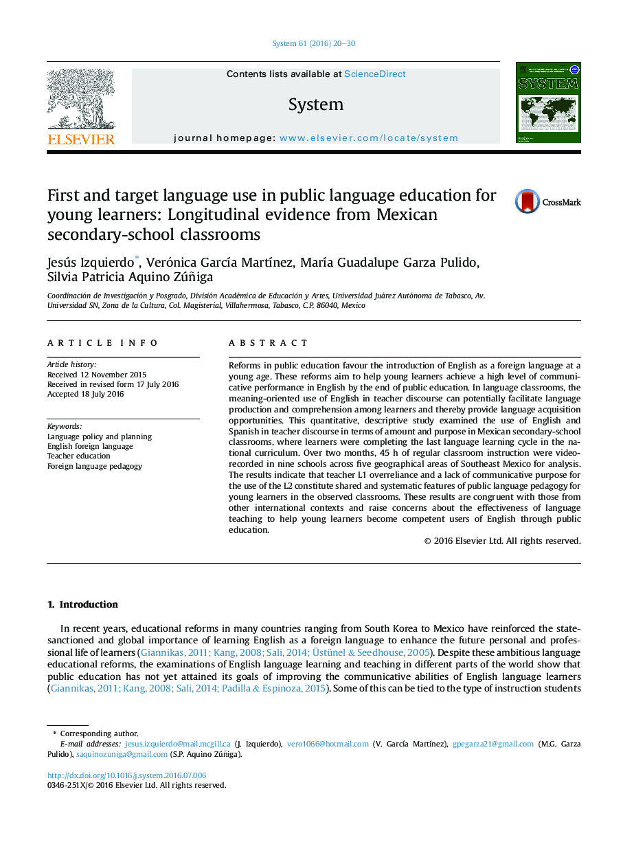 اول و زبان مقصد استفاده در آموزش عمومی زبان برای زبان آموزان جوان: شواهد طولی از کلاس های درس مدارس متوسطه مکزیکی