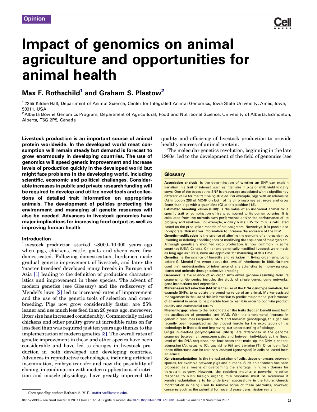 Impact of genomics on animal agriculture and opportunities for animal health