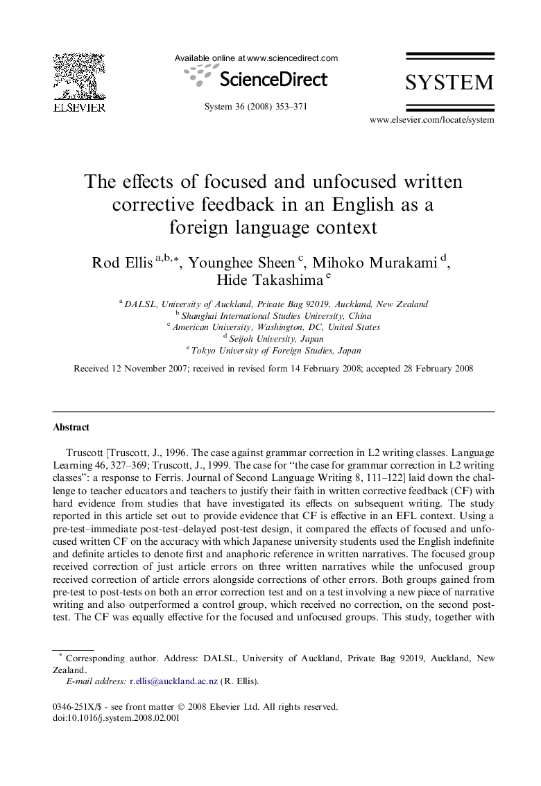 The effects of focused and unfocused written corrective feedback in an English as a foreign language context