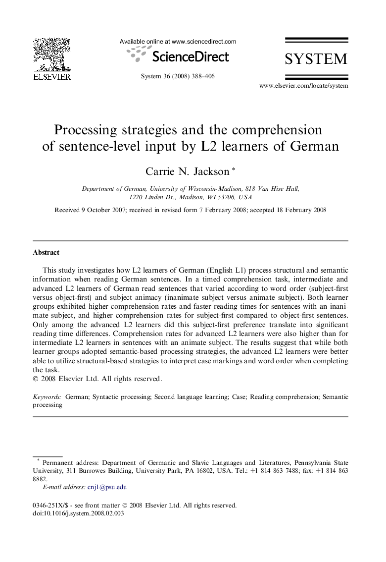 Processing strategies and the comprehension of sentence-level input by L2 learners of German