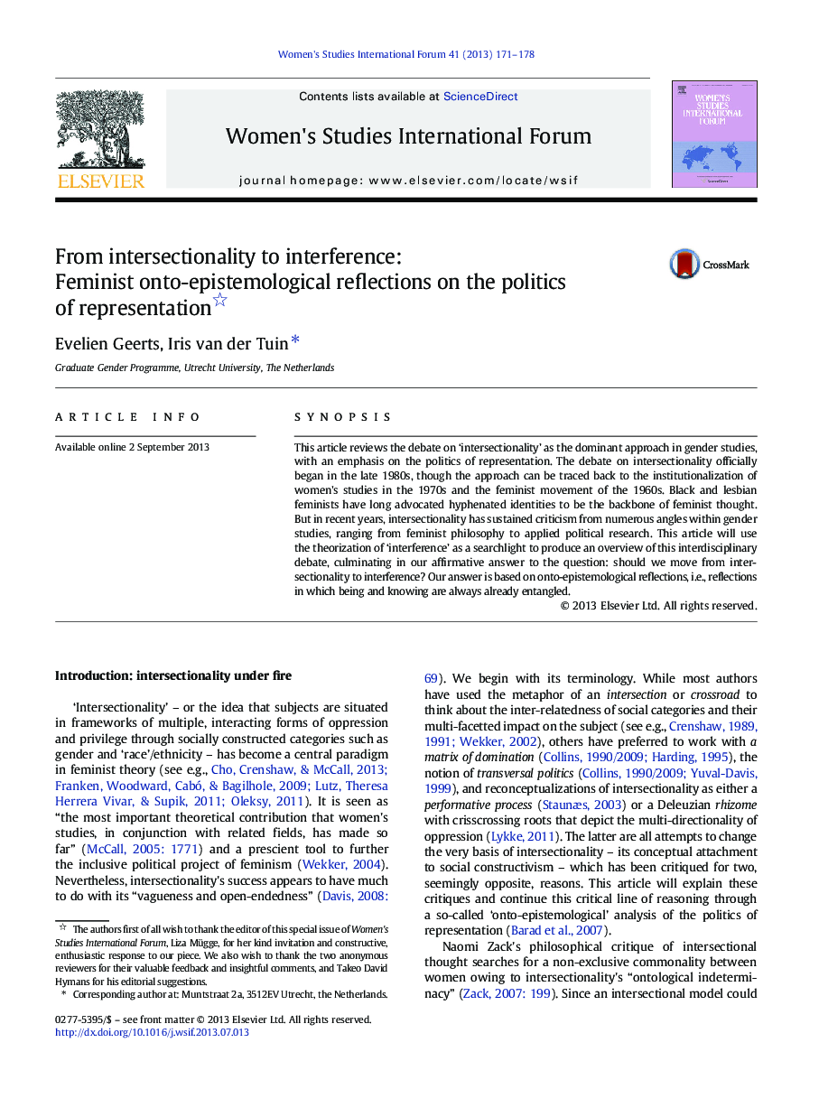 From intersectionality to interference: Feminist onto-epistemological reflections on the politics of representation 