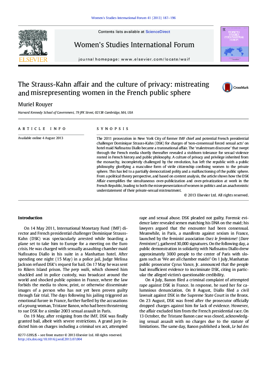 The Strauss-Kahn affair and the culture of privacy: mistreating and misrepresenting women in the French public sphere