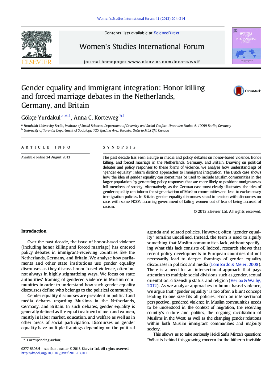 Gender equality and immigrant integration: Honor killing and forced marriage debates in the Netherlands, Germany, and Britain