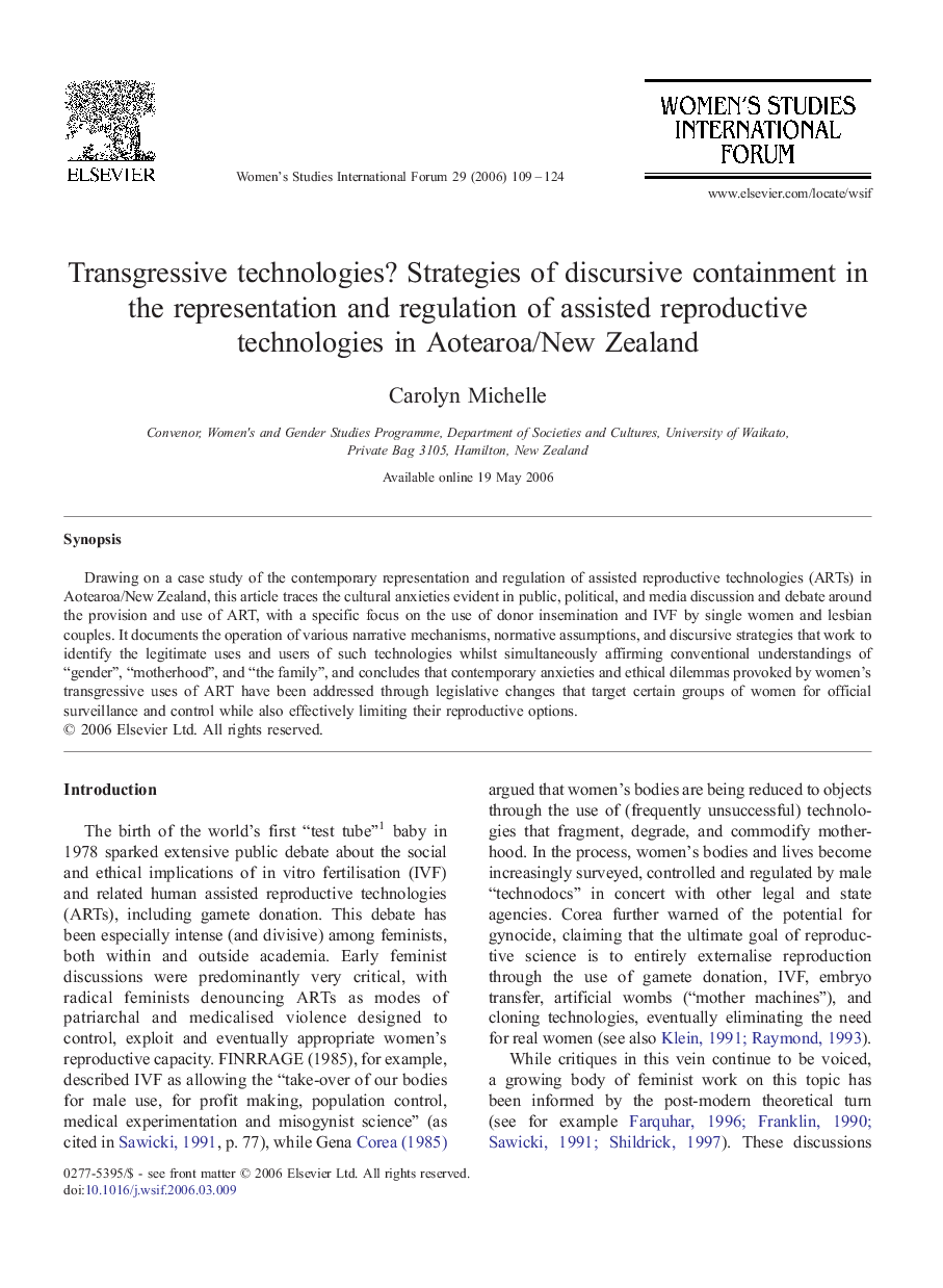 Transgressive technologies? Strategies of discursive containment in the representation and regulation of assisted reproductive technologies in Aotearoa/New Zealand