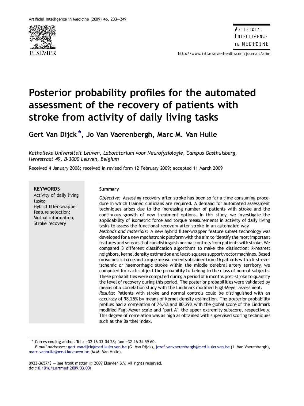 Posterior probability profiles for the automated assessment of the recovery of patients with stroke from activity of daily living tasks