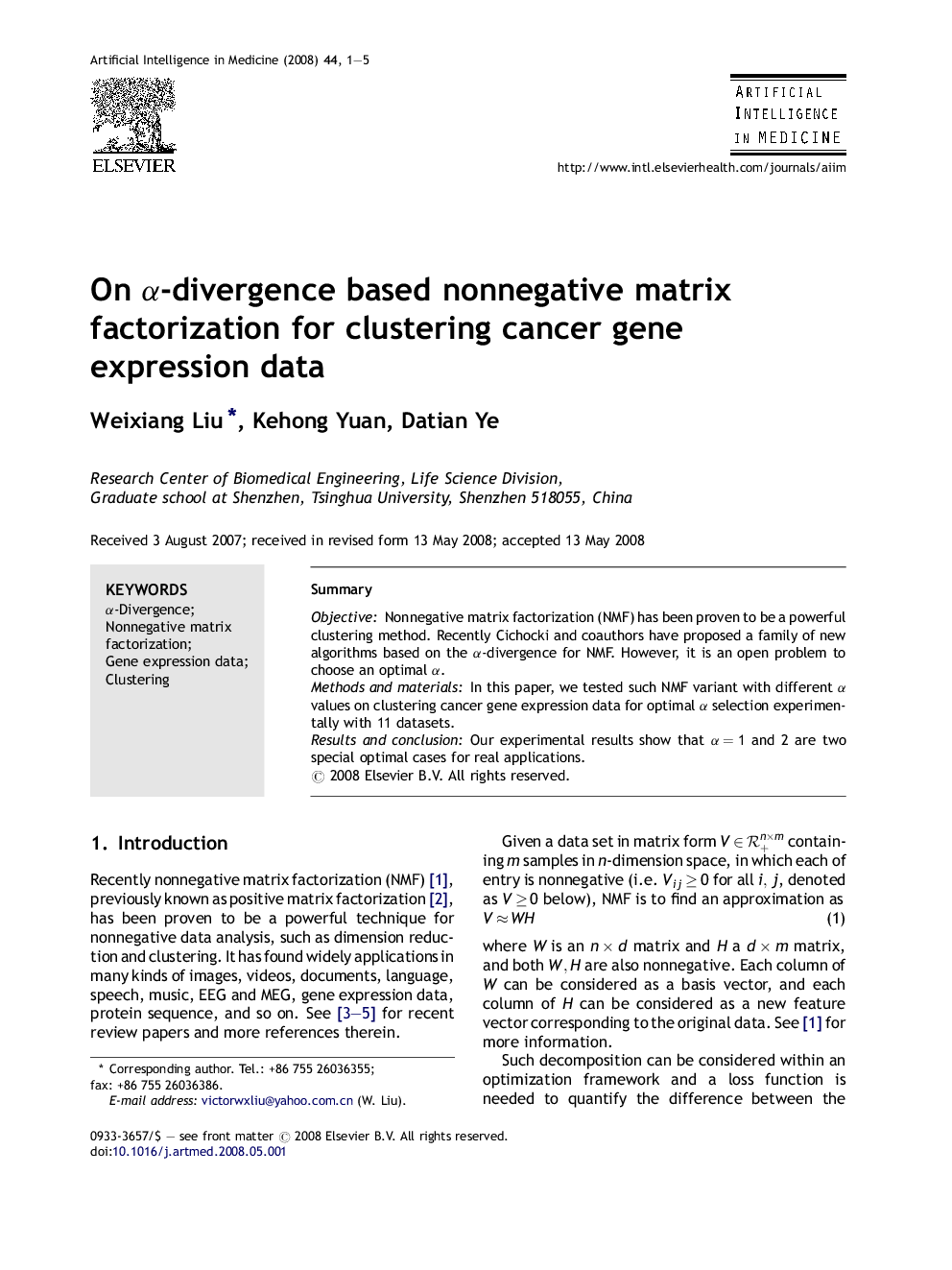 On αα-divergence based nonnegative matrix factorization for clustering cancer gene expression data