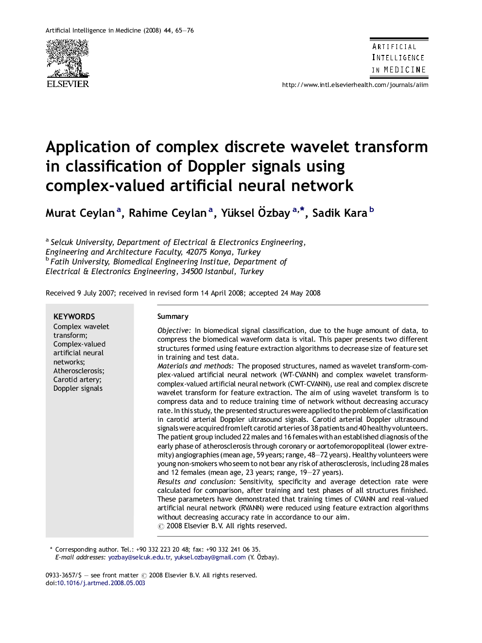 Application of complex discrete wavelet transform in classification of Doppler signals using complex-valued artificial neural network