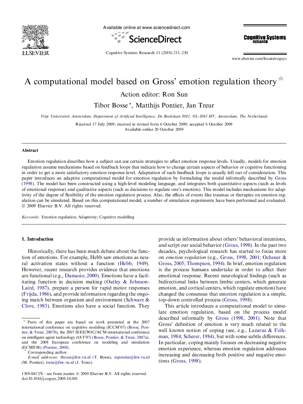 A computational model based on Gross’ emotion regulation theory 