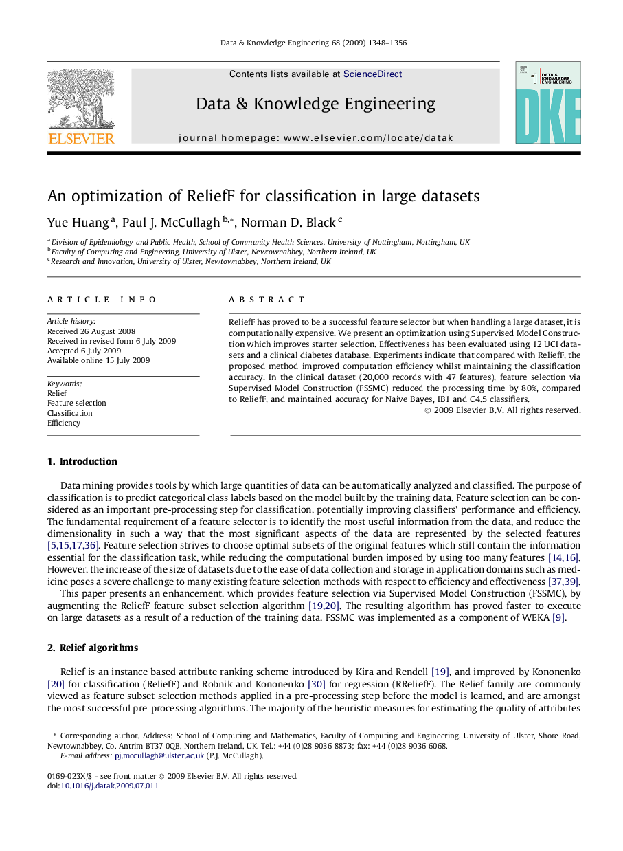 An optimization of ReliefF for classification in large datasets