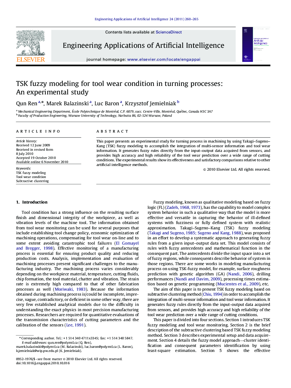 TSK fuzzy modeling for tool wear condition in turning processes: An experimental study
