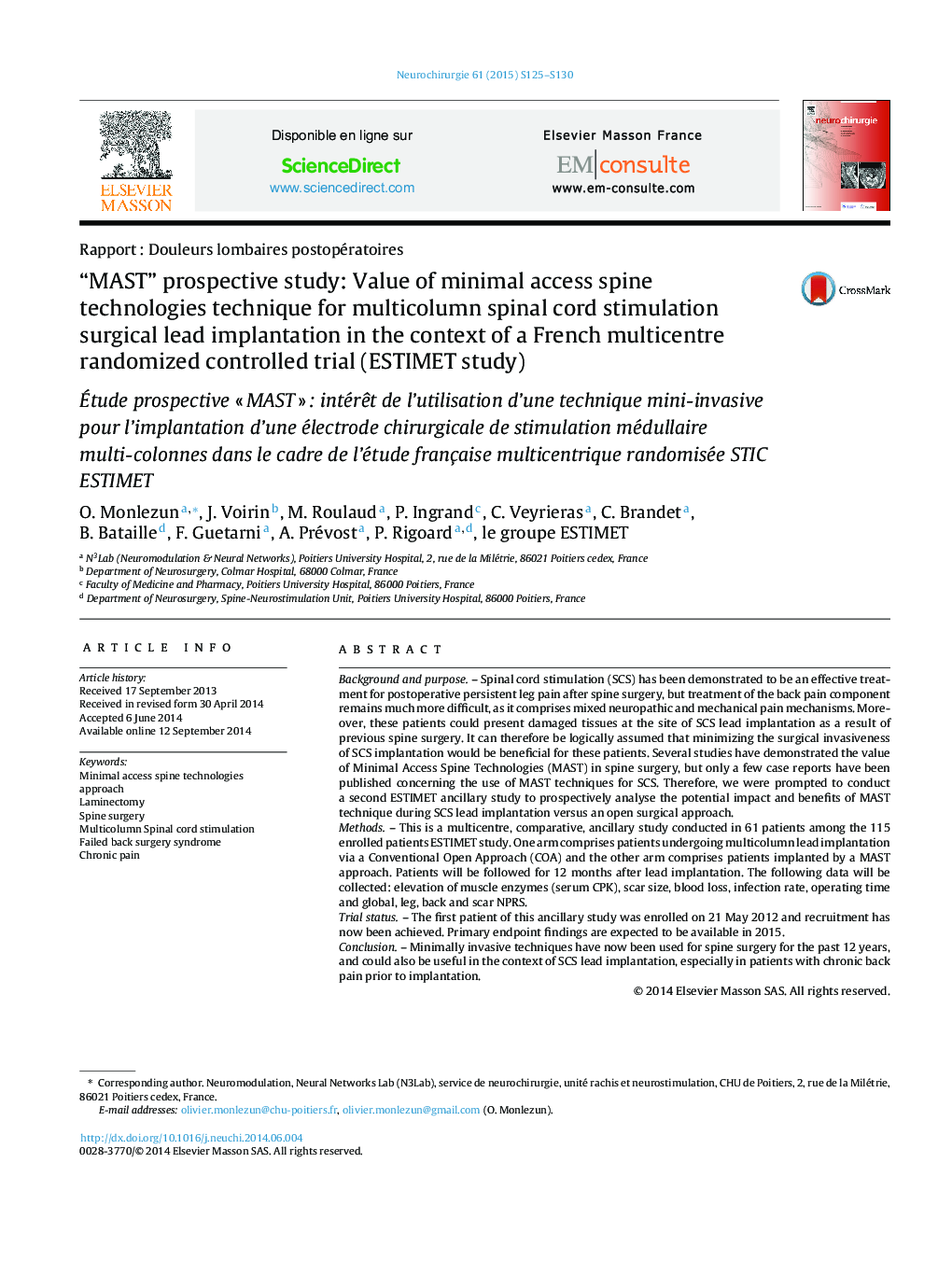 “MAST” prospective study: Value of minimal access spine technologies technique for multicolumn spinal cord stimulation surgical lead implantation in the context of a French multicentre randomized controlled trial (ESTIMET study)