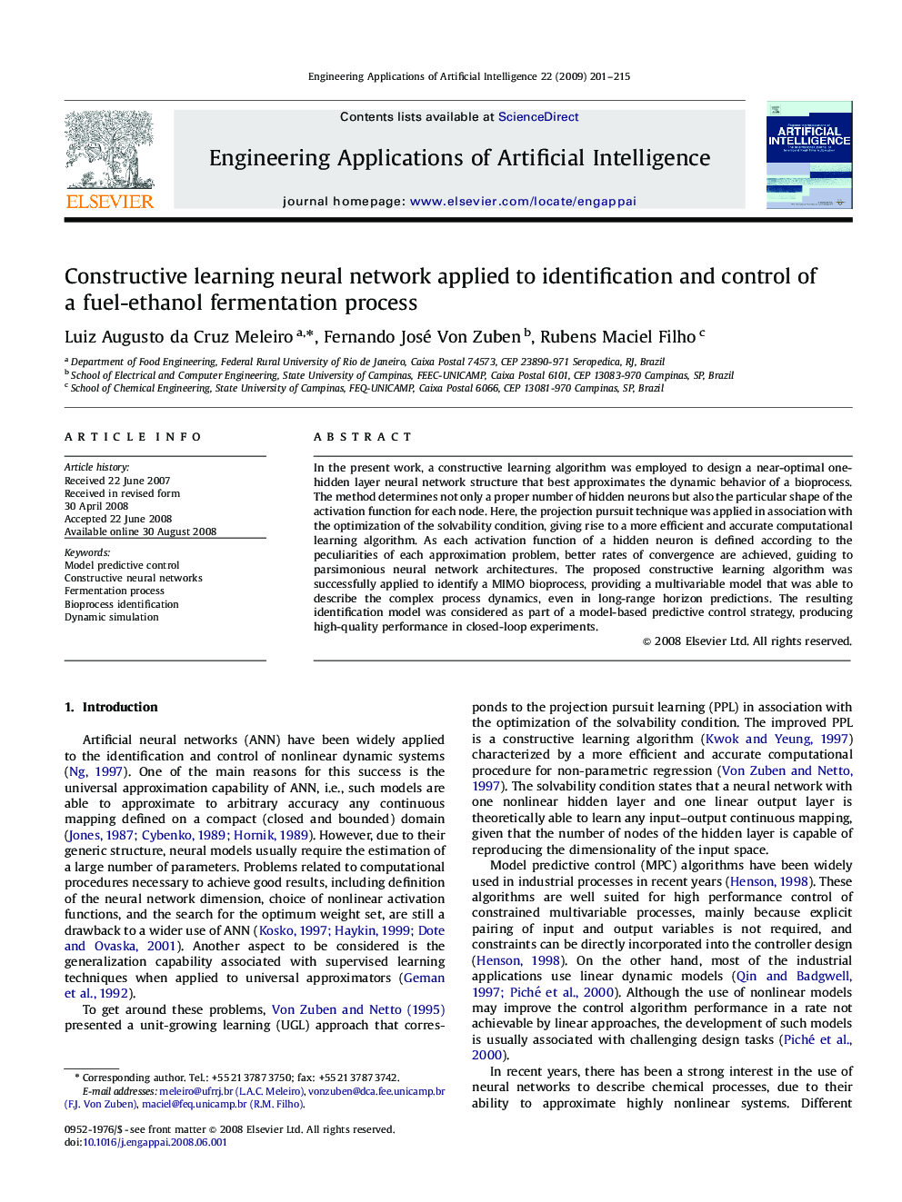 Constructive learning neural network applied to identification and control of a fuel-ethanol fermentation process